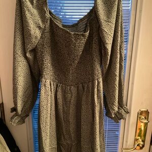 Elegant Olive Green and White Polka Dot Dress with gathered material top